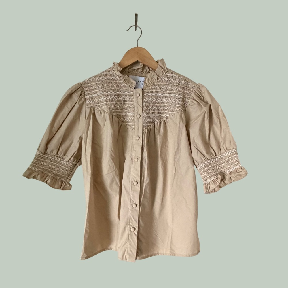 The Shirt Rochelle Behrens Tan Smocked Puff Sleeve Blouse Ruffle Neck Medium